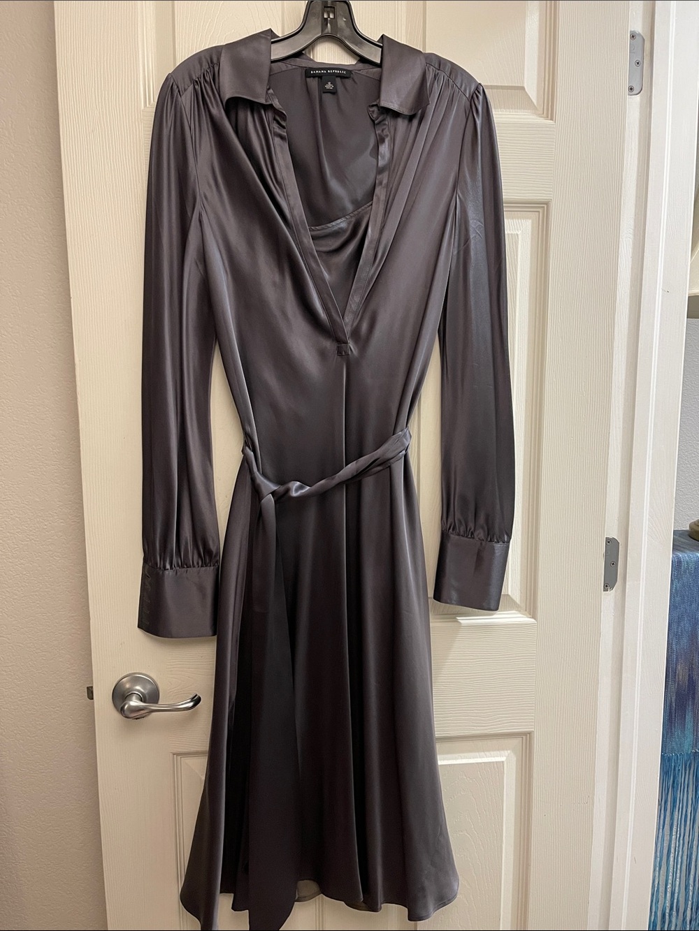 Banana Republic Satin Long-Sleeve Wrap Dress in Charcoal